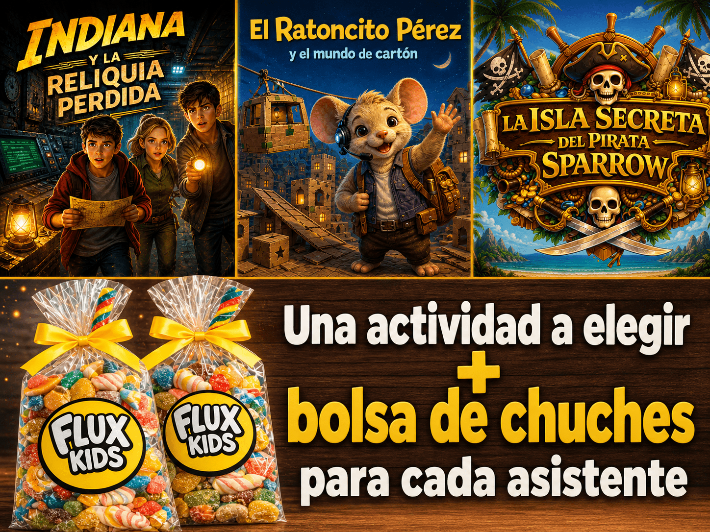 Actividad infantil de cumpleaños con escape room a elegir y bolsa de chuches para cada asistente en Flux Kids